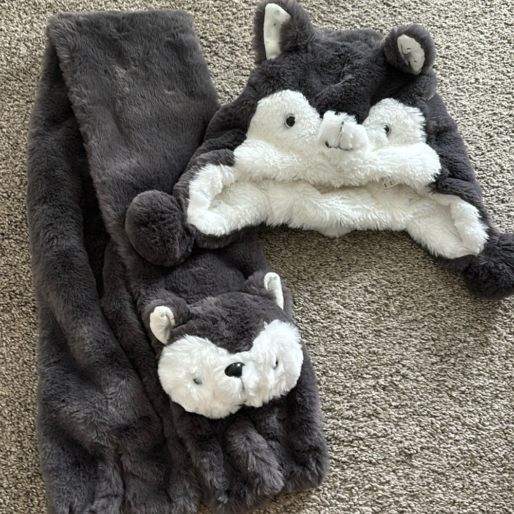 Husky Wolf Plush warm Hat and scarf for kids